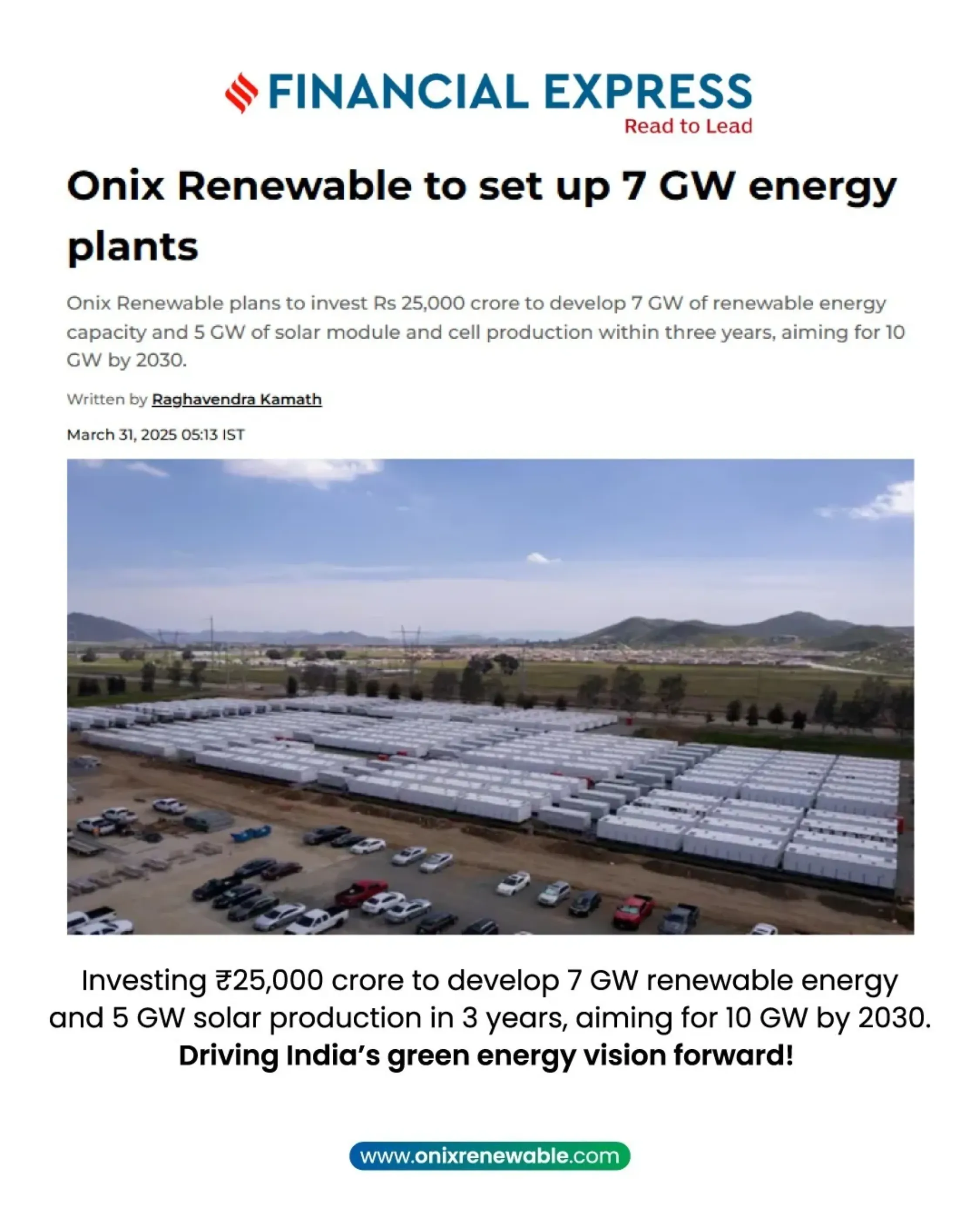 Onix Renewable to Invest ?25,000 Crore in 7 GW Renewable Energy & 5 GW Solar Expansion to Drive India�s Clean Energy Growth